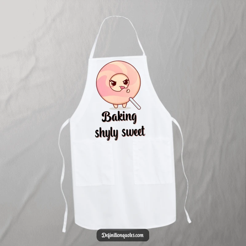 Funny shy donut character peeking from behind a large lollipop, featured on a kitchen apron for humor.