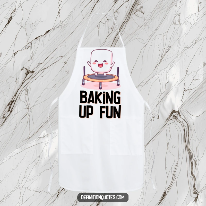 Funny apron featuring a cheerful marshmallow joyfully bouncing on a miniature trampoline, ready for kitchen fun.