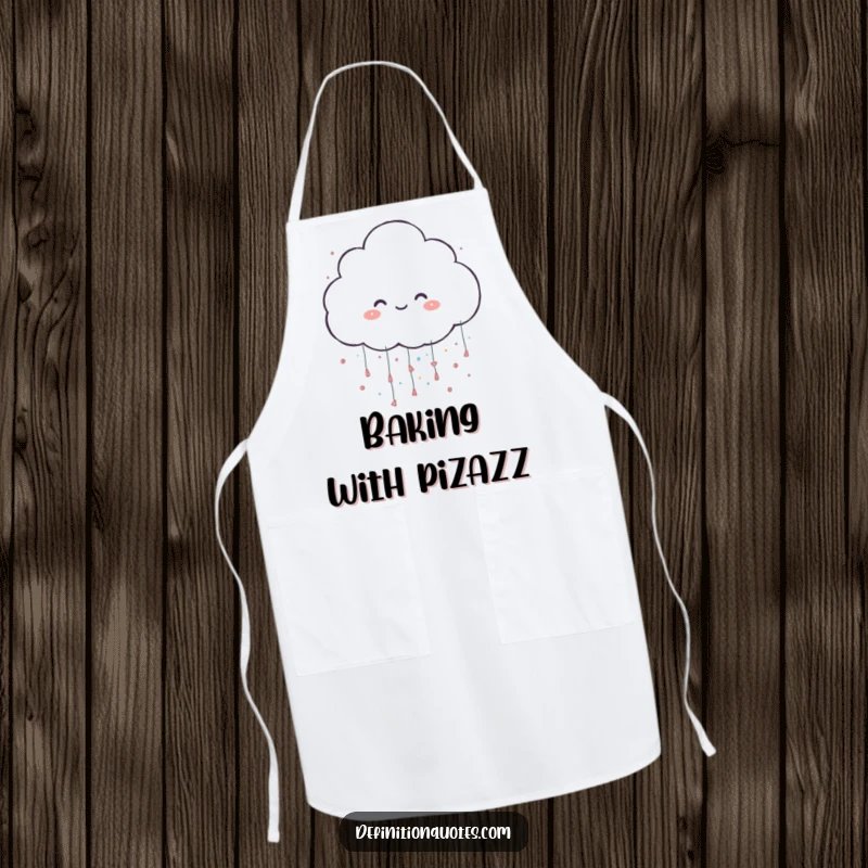Funny apron with a cheerful cloud character raining large glitter, bringing fun and sparkle to the kitchen.