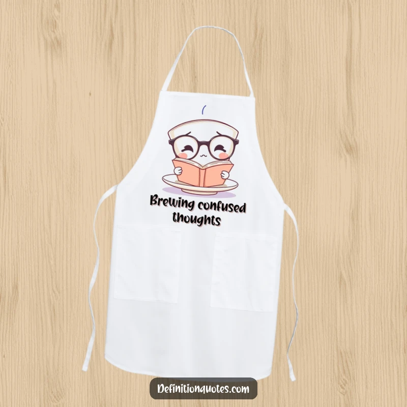 Funny teacup character with oversized glasses, confused by a book, featured on a kitchen apron for humor.