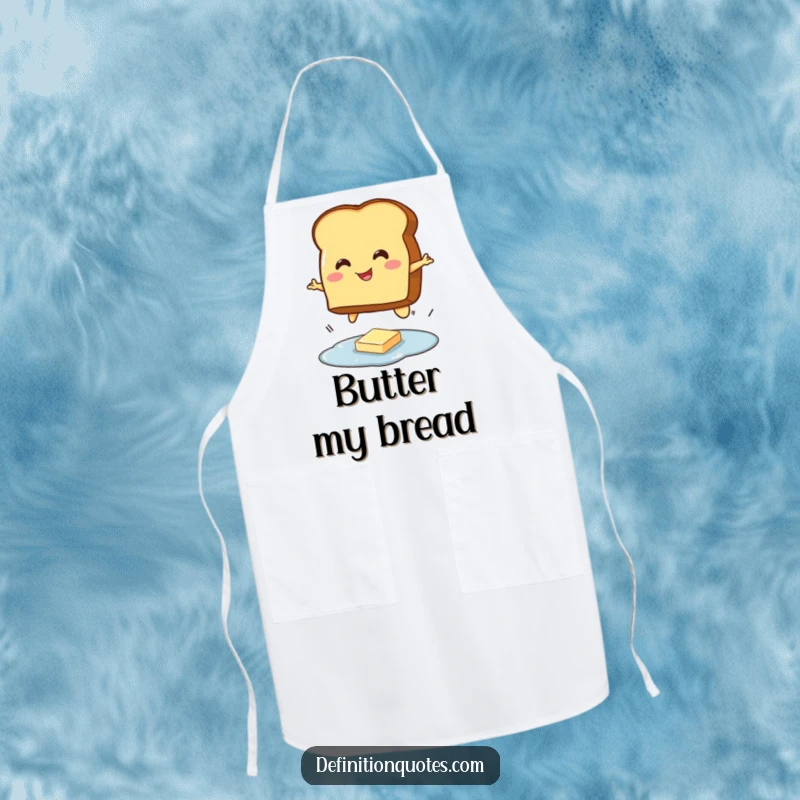 Funny apron depicting a smiling toast character bravely jumping over a tiny puddle of butter, a humorous kitchen accessory.