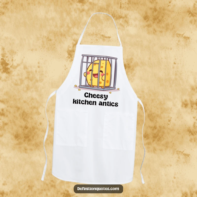 Funny Kawaii cheese character, joyfully attempting to break free from a tiny cage, on a practical and humorous apron.