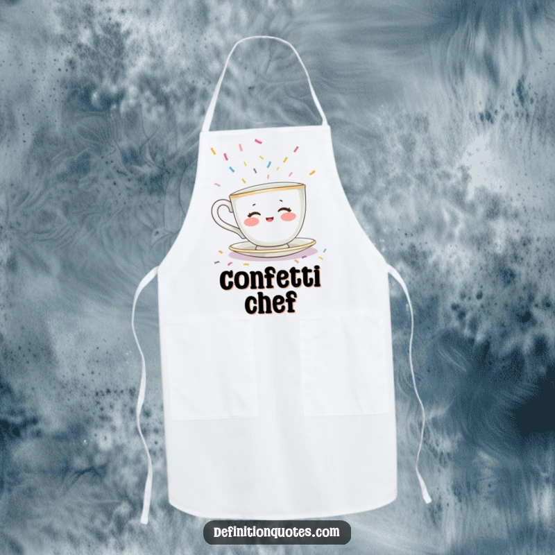 Funny apron showing a shy teacup character with rosy cheeks hiding from falling confetti, a hilarious introvert gift.