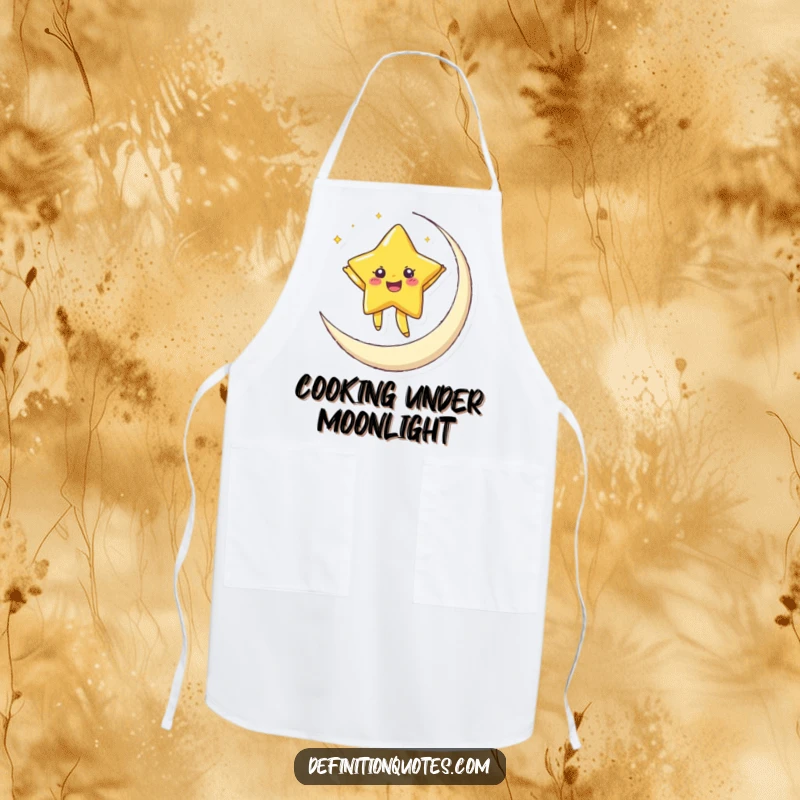 Funny apron with a joyful star character dancing on a crescent moon, perfect for kitchen magic.
