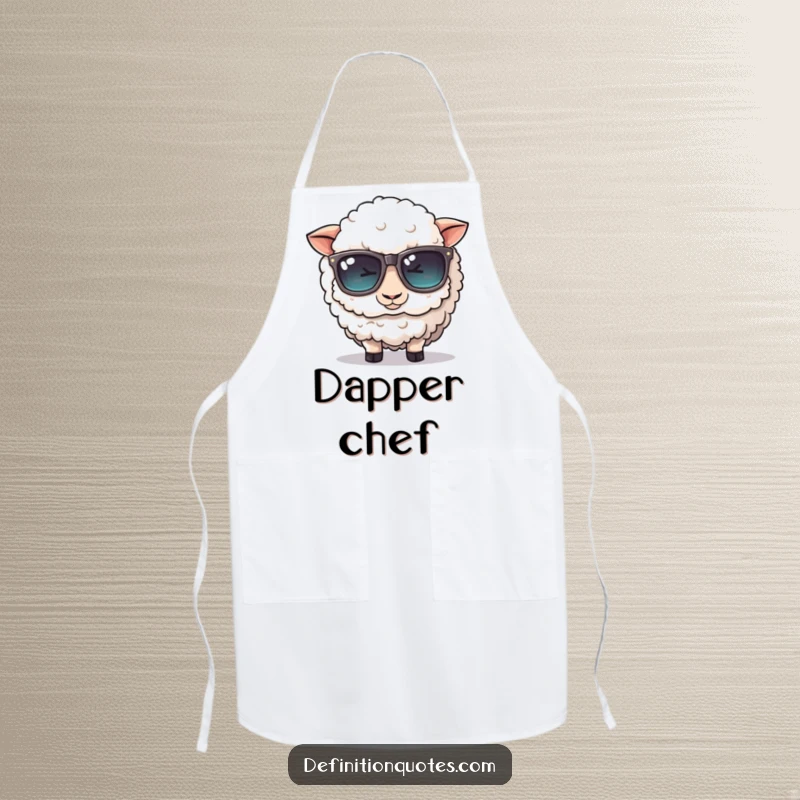 Funny apron: A cute, fluffy sheep character comically tries to wear oversized sunglasses, perfect for kitchen activities.