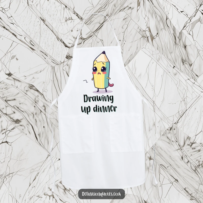 Funny apron featuring a cute pencil character drawing its escape route, perfect for art studios and messy activities.