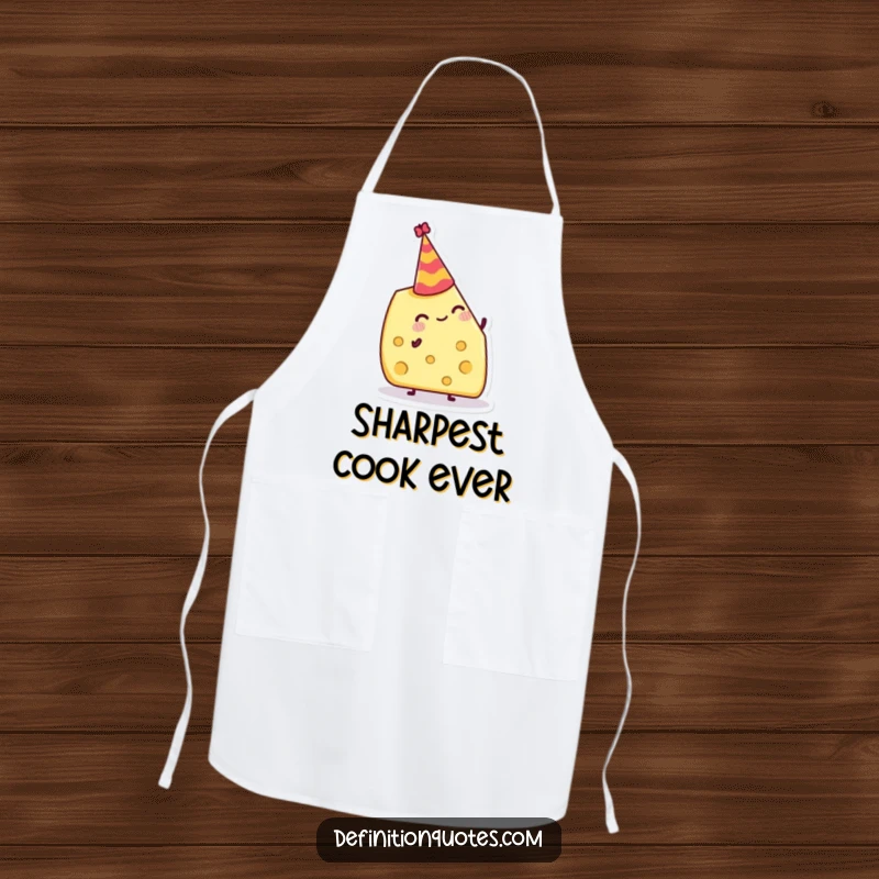 Funny Apron: Jolly cheese wedge attempting to balance a tiny party hat, ideal for humorous cooking sessions.