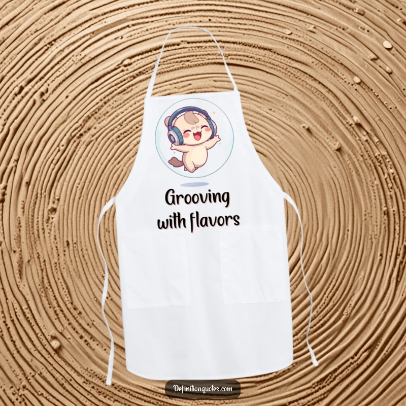 Funny Apron: A small creature with oversized headphones dancing joyfully inside a bubble, bringing humor to the kitchen.