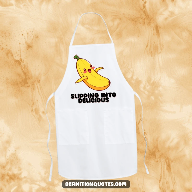Funny Kawaii banana character joyfully sliding down its peel, worn as a humorous and functional apron for cooking or baking.