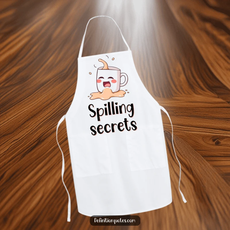 Funny Kawaii coffee mug character, spilling its coffee while laughing hysterically, on a practical and humorous apron.