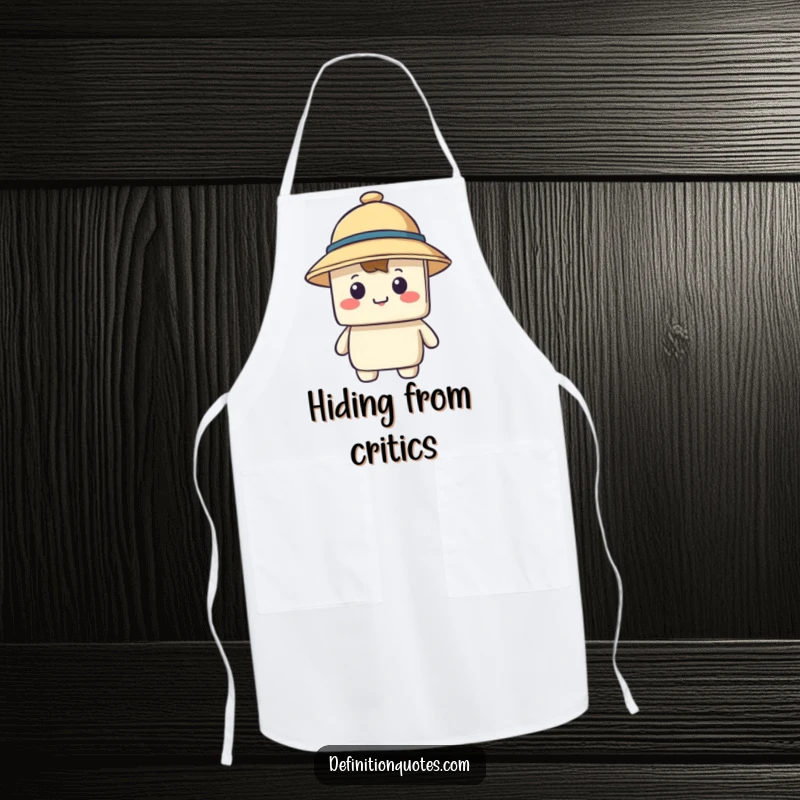 Funny kitchen apron depicting a happy blocky character wearing a comically small hat that falls over its eyes, bringing humor to cooking.
