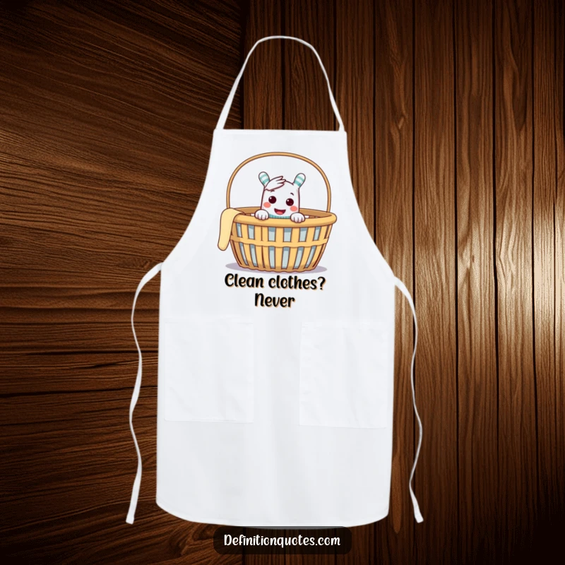 Funny apron with a cheeky sock puppet peeking from an empty laundry basket, ready for kitchen mischief.