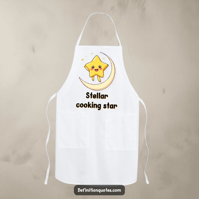 Funny apron featuring a joyful star dancing on a crescent moon, bringing celestial charm and humor to kitchen duties.