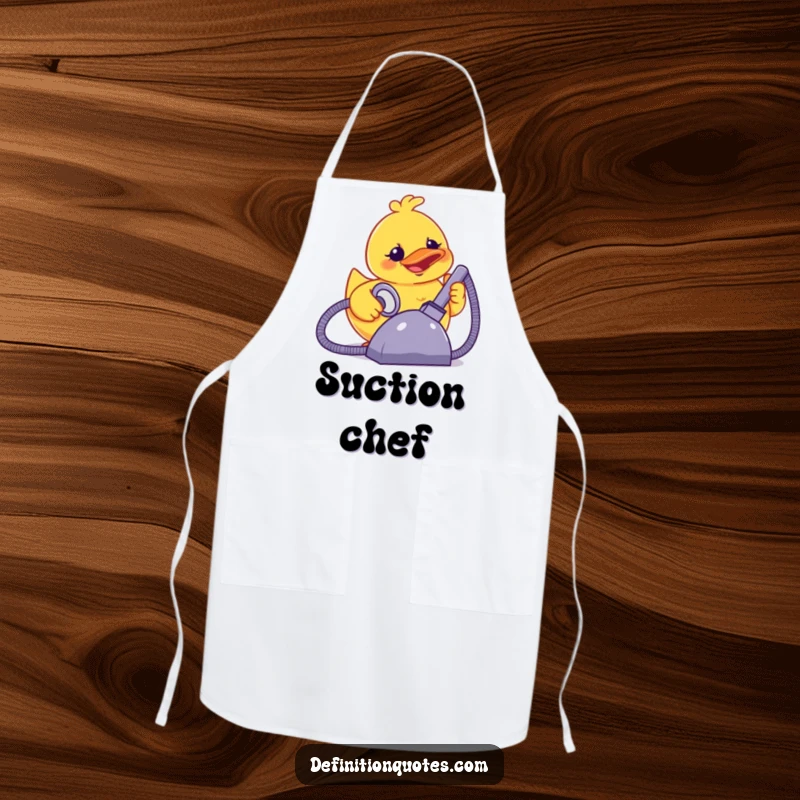 Funny terrified smiling rubber ducky powering a giant vacuum cleaner, on a kitchen apron.