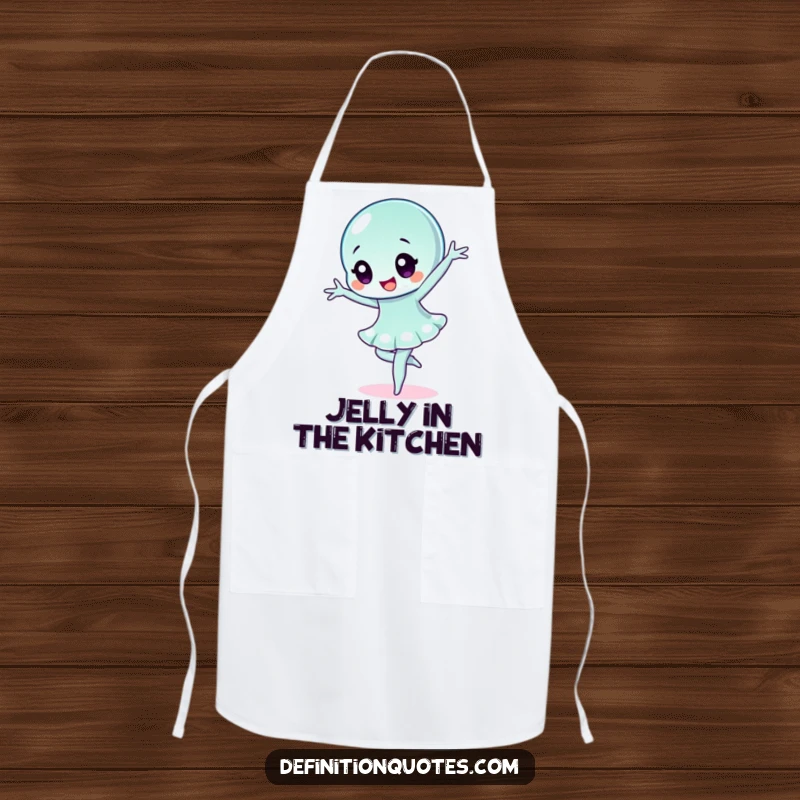 Funny wobbly jelly character performing a dramatic ballet pose on an apron, bringing humor to kitchen activities.