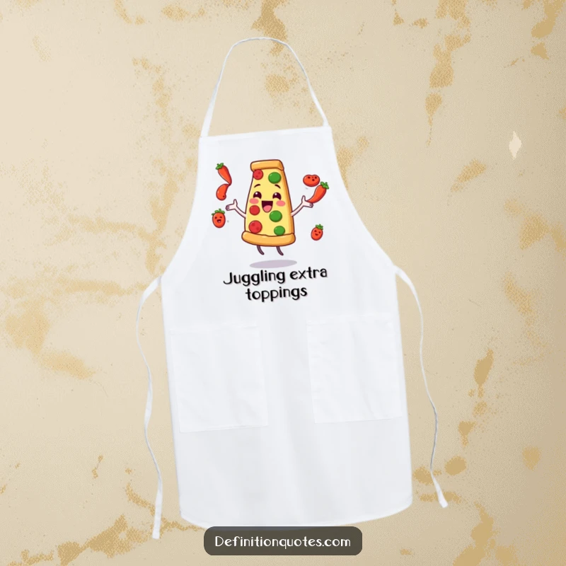 Funny Pizza Juggling Pepperoni Apron: A delighted pizza slice character comically juggles pepperoni, perfect for kitchen fun.