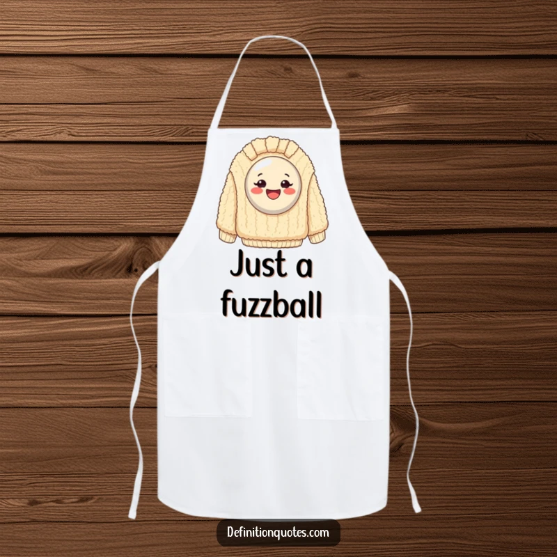 Funny Apron: Exaggeratedly happy button stuck on a giant, fuzzy sweater, serving up kitchen humor with style.