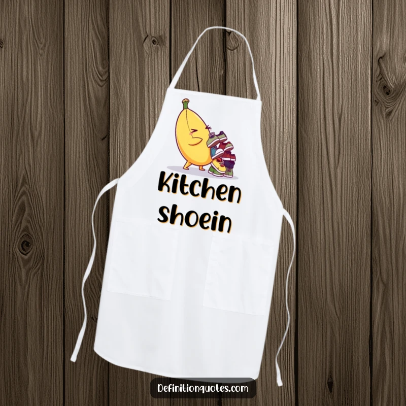 Funny apron featuring a plump banana character winking while balancing a towering pile of small, varied shoes. Kitchen humor.