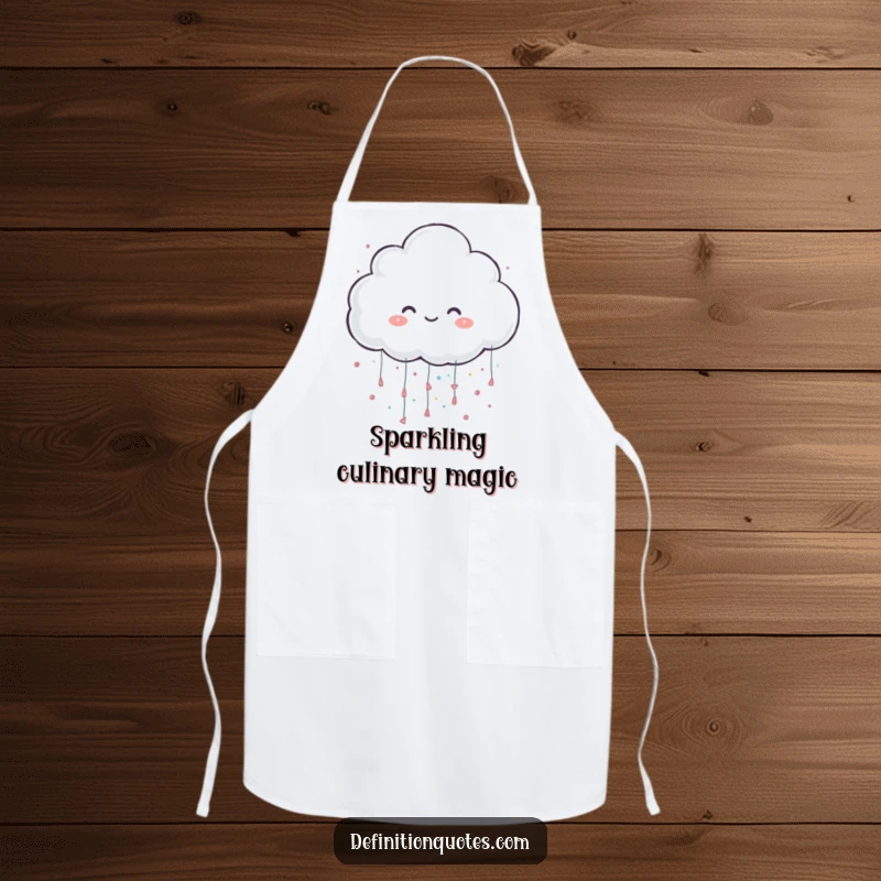 Funny apron with a cheerful cloud character playfully raining oversized glitter, ideal for adding sparkle to kitchen tasks.