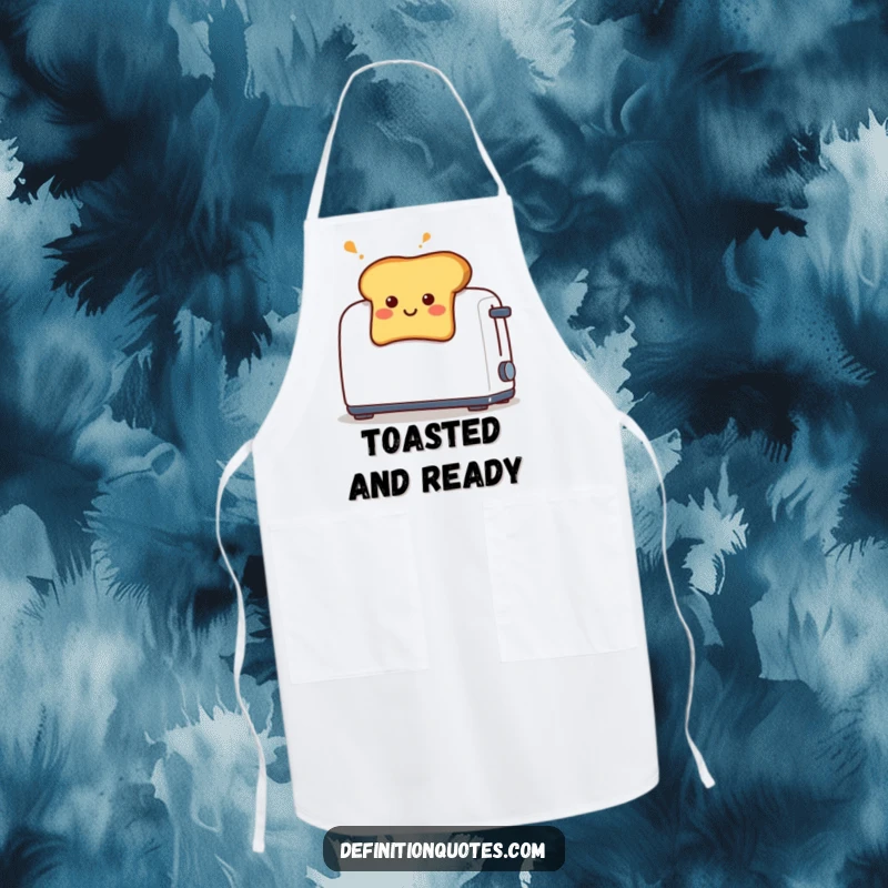 Funny apron depicting a smiling piece of toast with a surprised face, popping out of a toaster.