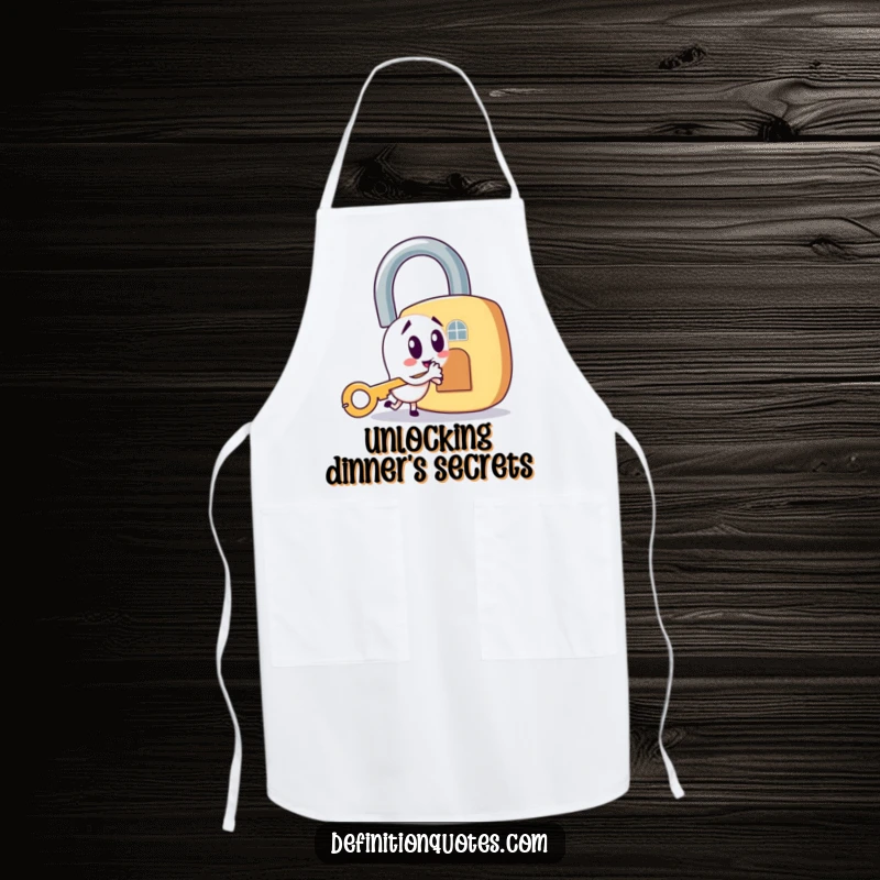 Funny apron featuring a mischievous key character trying to open a large padlock, perfect for kitchen fun.
