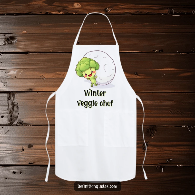 Funny apron illustration of a hopeful broccoli floret character pushing a giant snowball uphill, perfect for kitchen battles.