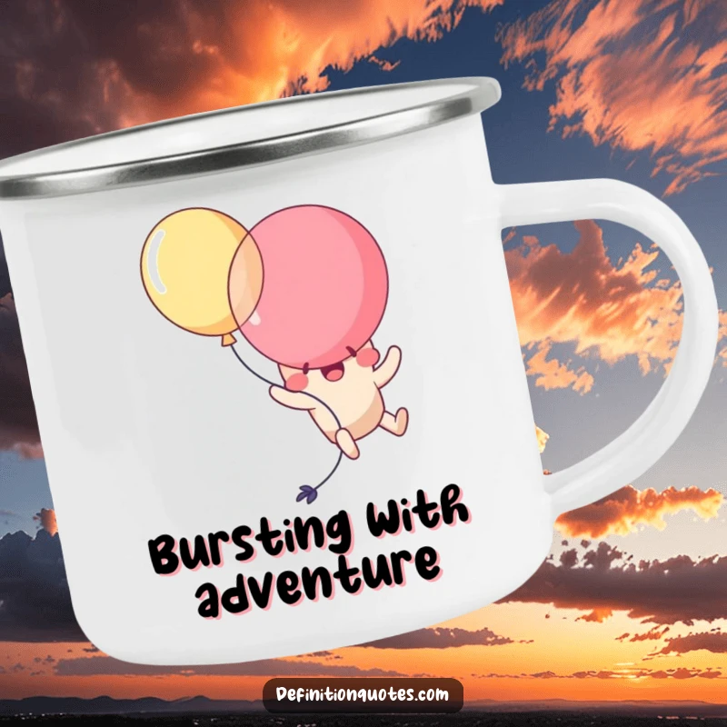 Funny Kawaii balloon character comically popping itself while trying to fly, on a rugged camping mug. A humorous outdoor essential.