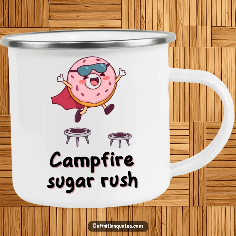 Funny camping mug featuring a giggling donut superhero in a cape leaping over miniature trampolines, ready for the outdoors.