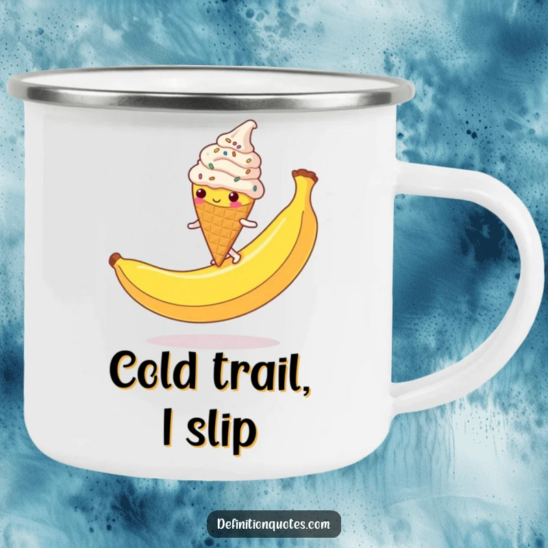 Funny Ice Cream Cone Camping Mug: A clumsy, sprinkle-covered character slipping on a banana peel, perfect for outdoor fun.
