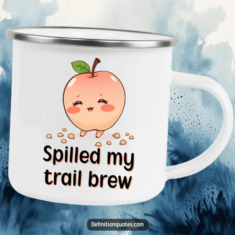Funny shy apple character, blushing, tripping, durable camping mug, ready for outdoors, radiating humor, excellent gift.