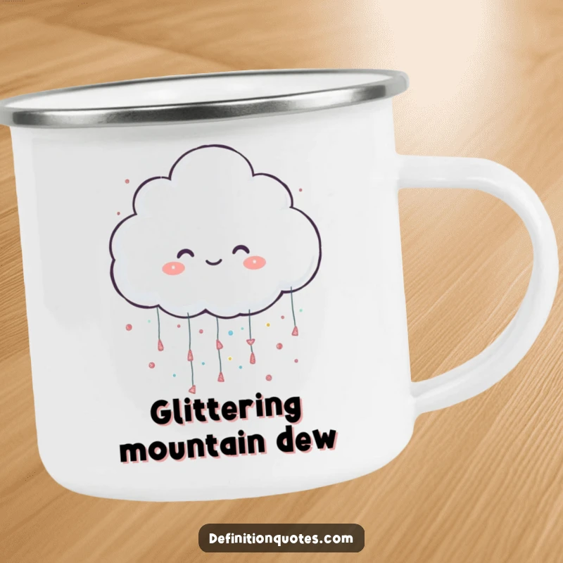 Funny camping mug with a cheerful cloud character playfully raining oversized glitter, perfect for whimsical outdoor enjoyment.