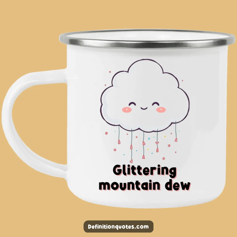 Funny Camping Mug: Cheerful Cloud Raining Glitter Over Campfire Glow