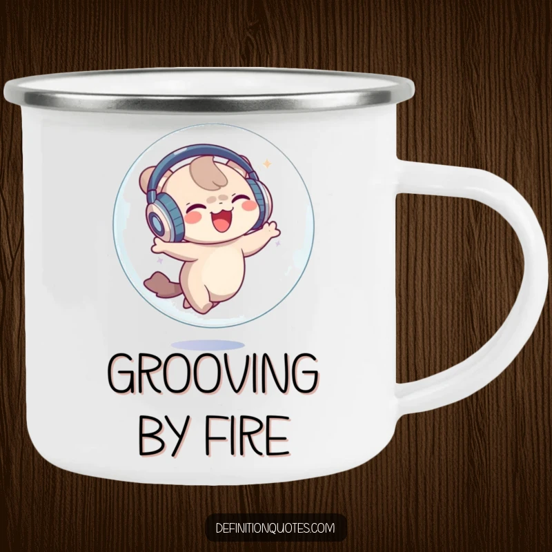 Funny Camping Mug: A small creature with oversized headphones dancing happily inside a bubble, perfect for outdoor enjoyment.