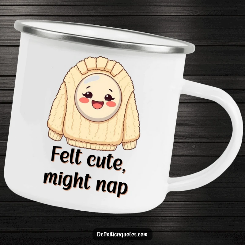 Funny Camping Mug: Exaggeratedly happy button stuck on a giant, fuzzy sweater for outdoor humor and warmth.