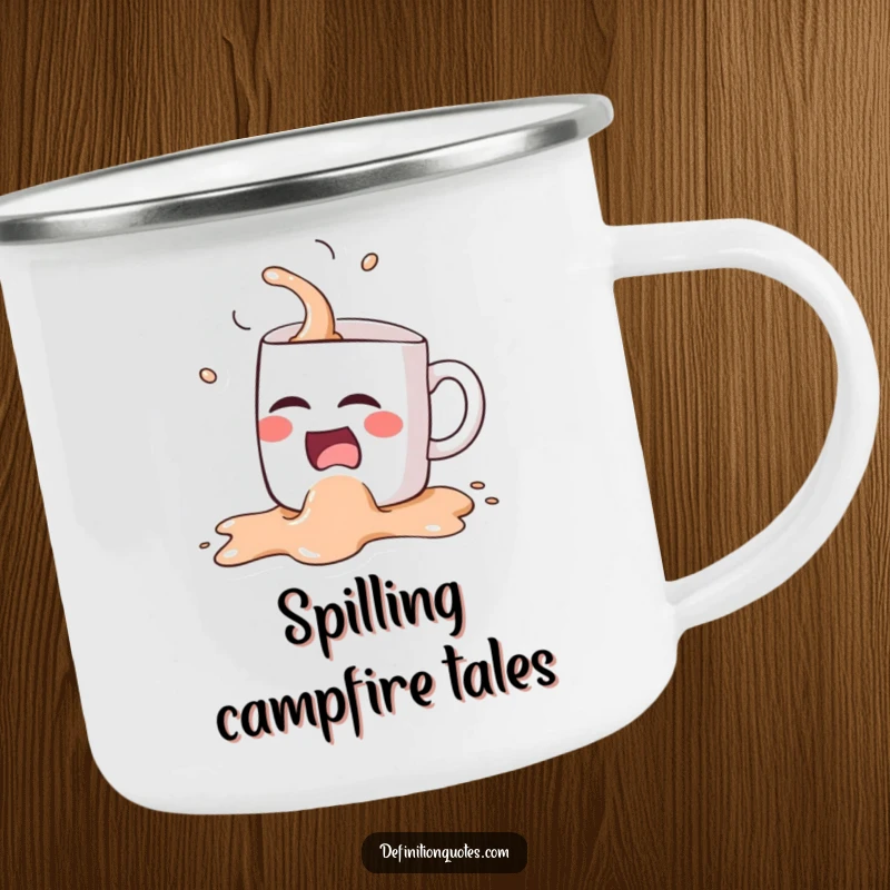 Funny Kawaii coffee mug character, spilling its coffee while laughing, on a durable camping mug for outdoor laughs.
