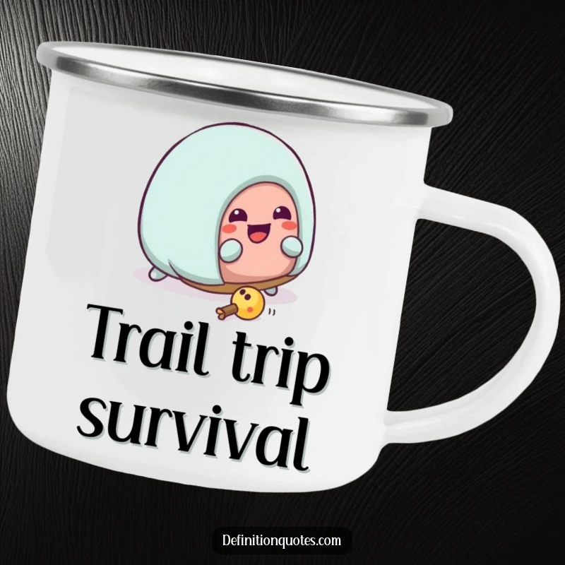 Funny Kawaii house slipper character hilariously tripping over its laces on a durable camping mug. Humorous outdoors gear.