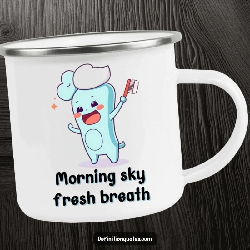 Funny Kawaii toothbrush character hilariously brushing a cloud, a durable and humorous enamel mug for outdoor enthusiasts.
