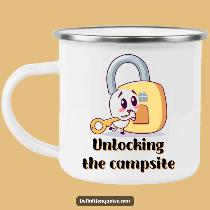 Funny Key & Padlock Camping Mug: Mischievous Character's Outdoor Adventure