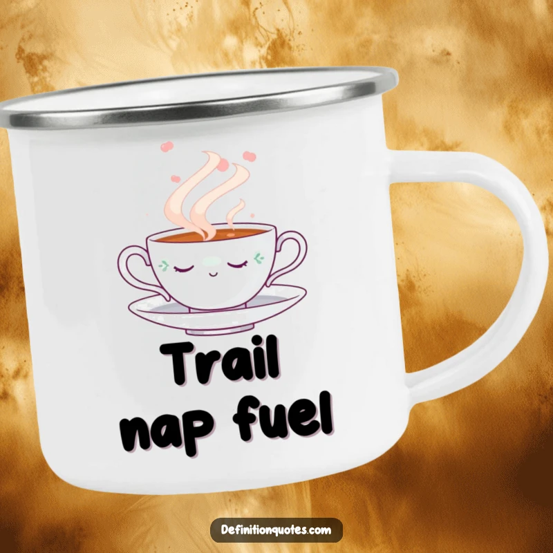 Funny Napping Teacup Camping Mug: Durable enamel mug with a cute napping teacup illustration surrounded by steam, perfect for funny outdoor sips.
