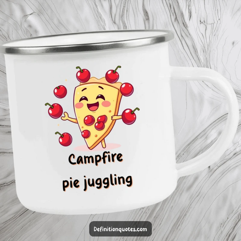 Funny slice of pie character juggling cherries on a camping mug, adding a humorous touch to outdoor enjoyment.