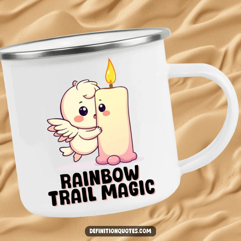 Funny camping mug showing a playful winged character bumping into a rainbow, perfect for magical outdoor adventures.