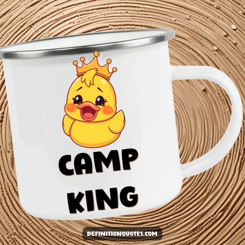 Funny Rubber Ducky Crown Camping Mug: Enamel mug with a rubber ducky in a crown, its face a picture of shocked elation, a funny outdoor companion.