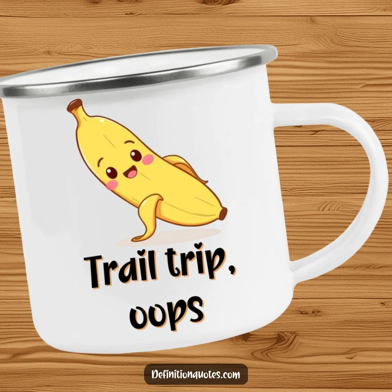 Funny banana character slipping on its peel, holding a camping mug.
