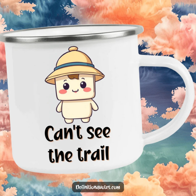 Funny camping mug showing a happy blocky character wearing a comically small hat that covers its eyes, perfect for outdoor fun.