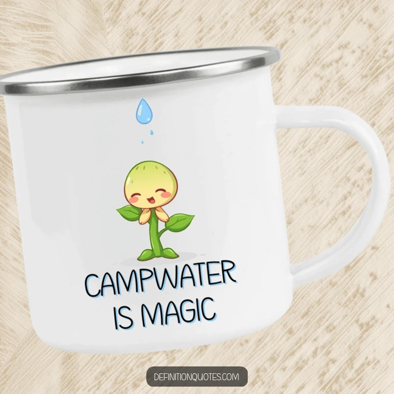 Funny happy little sprout dramatically bowing to a falling raindrop on an enamel camping mug, ready for thoughtful outdoor sips.