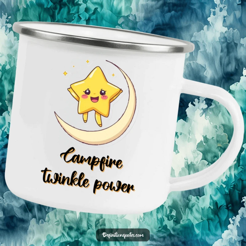 Funny camping mug with a joyful, twinkling star dancing on a crescent moon, ideal for outdoor celestial enjoyment and humor.