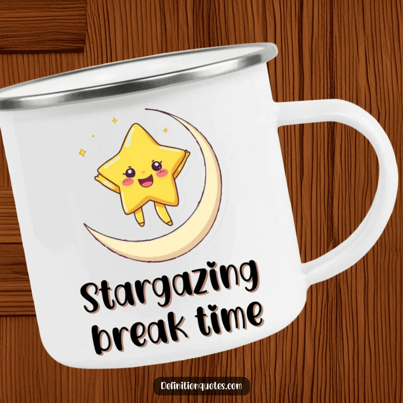 Funny camping mug with a joyful star character dancing on a crescent moon, perfect for outdoor use.