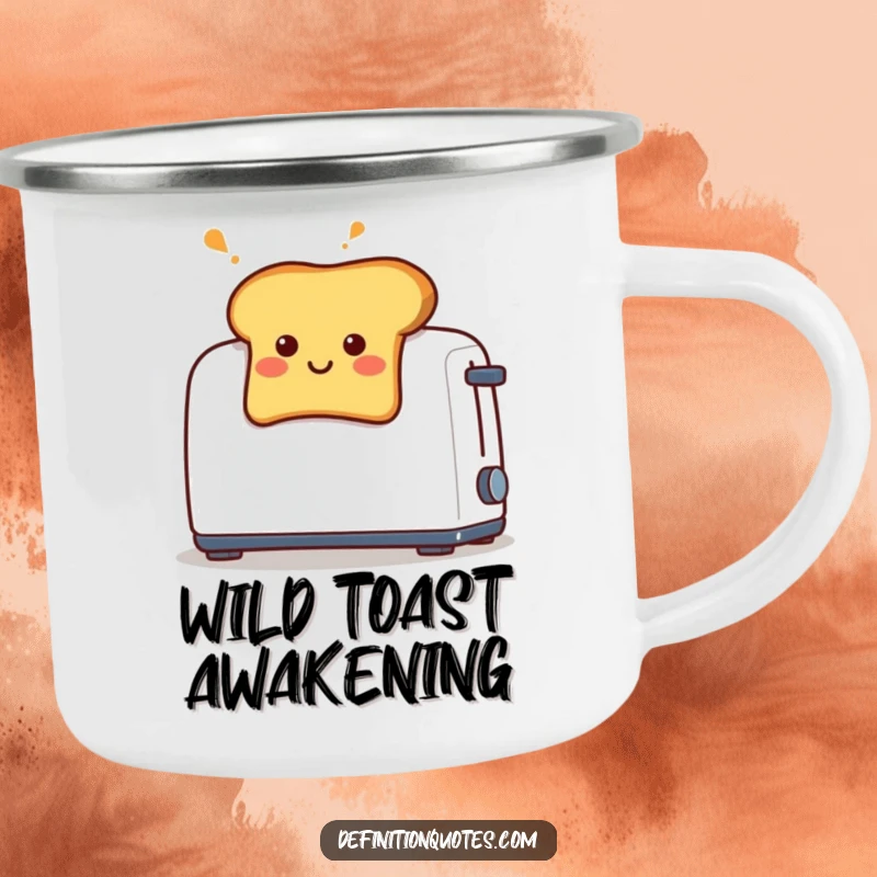 Funny camping mug showing a smiling piece of toast with a surprised expression, popping out of a toaster.