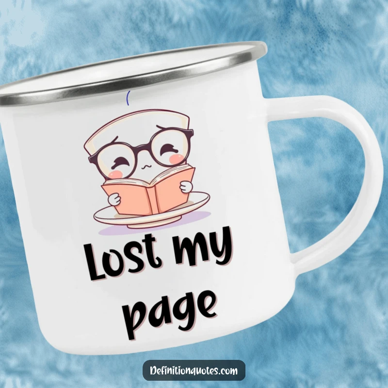 Funny teacup character with glasses, confused by a book, on a durable camping mug for outdoor intellectual fun.