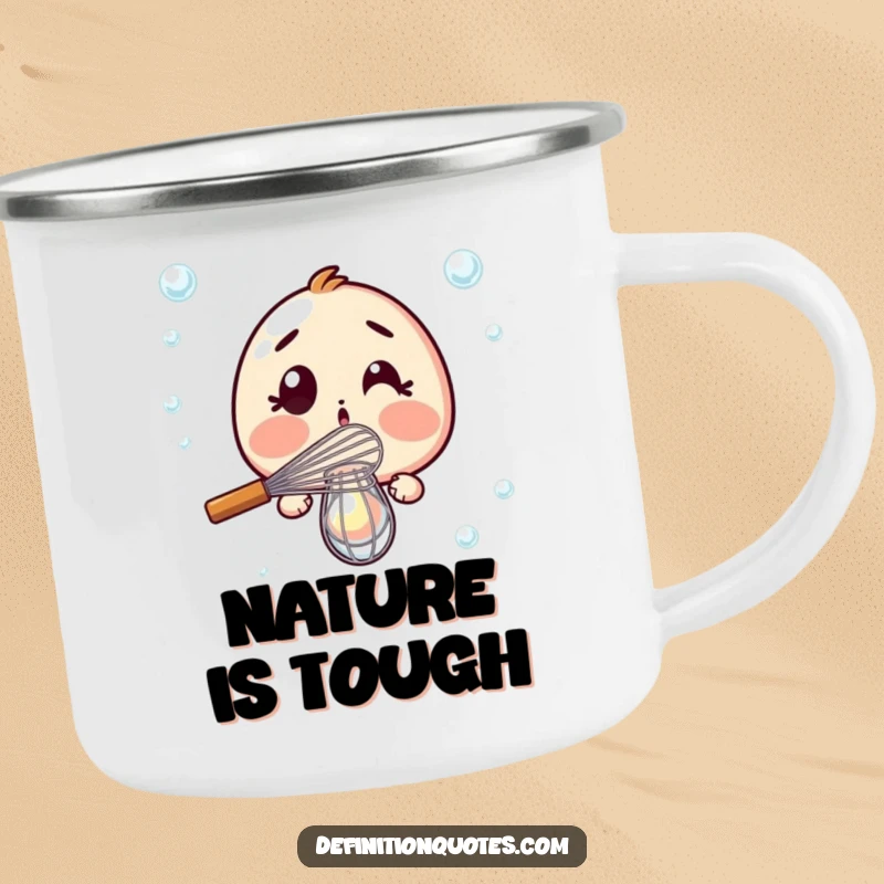 Funny Camping Mug: Surprised whisk dramatically failing to whisk a single bubble, bringing kitchen humor outdoors.